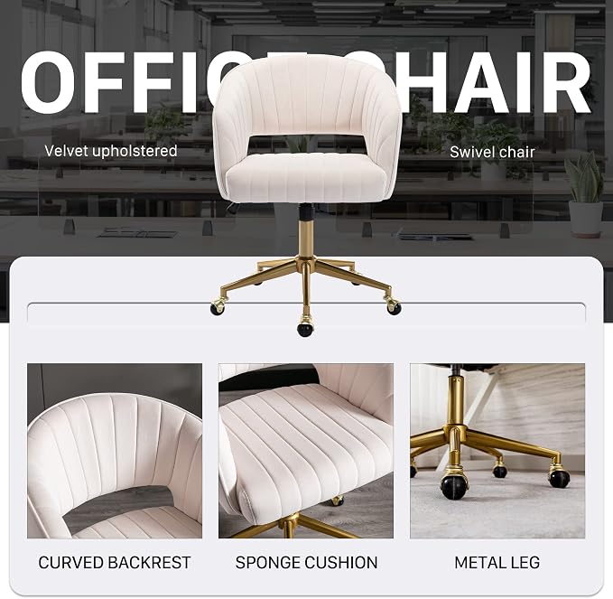 Home Office Chair Swivel Velvet Desk Chair Accent Armchair Upholstered Modern Tufted Chairs with Gold Base for Girls Women Ergonomic Study Seat Computer Task Stools for Living Room(Cream)