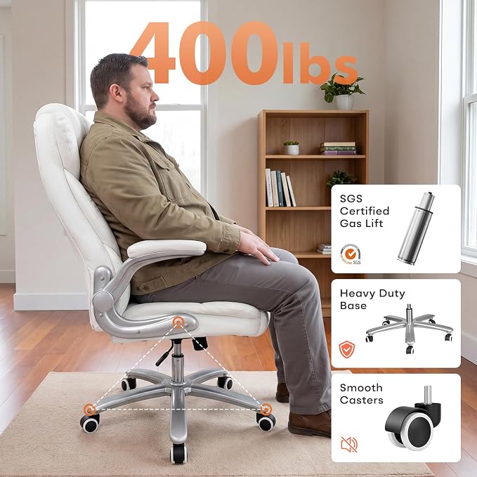 GYI Big and Tall 400lb Office Chair, Leather Executive Desk Chair, White | 24"Wide Seat, High Back, Space-Saving Flip-up Arms, Lumbar Support, Heavy Duty Base, Home, Conference Room