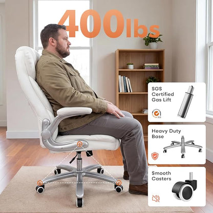 GYI Big and Tall 400lb Office Chair, Leather Executive Desk Chair, White | 24"Wide Seat, High Back, Space-Saving Flip-up Arms, Lumbar Support, Heavy Duty Base, Home, Conference Room