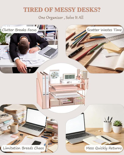 WALI Desk File Organizer, 4 Tier Desktop Paper Letter Tray Organizer with Drawer and 2 Pen Holders, Office Desk Accessories & Workspace Organizers for Office, Home, School Supplies, 1 Pack, Rose Gold