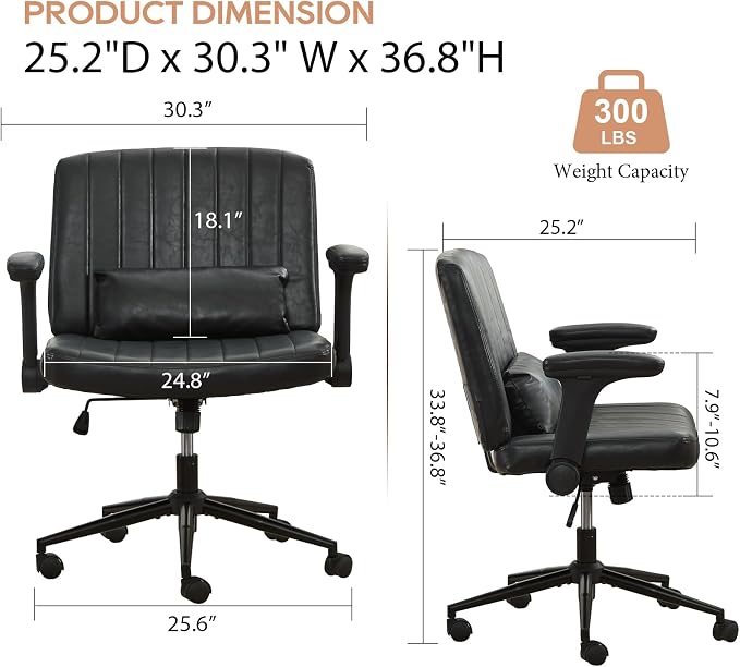 IPKIG Criss Cross Chair with Adjustable Flip-up Arms, Vanity Chair with Wheels, Comfy Desk Chair with Lumbar Pillow Swivel Wide Office Chair for Home Office, Bedroom (PU Leather, Black)