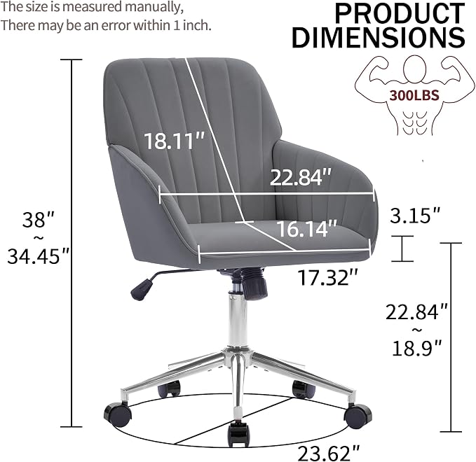 YITAI Velvet Office Desk Armchairs with Silver Base and Wheels,Modern Height Adjustable 360 Degree Swivel Upholstered Vanity Chairs for Living/Room Bedroom/Study,Gray