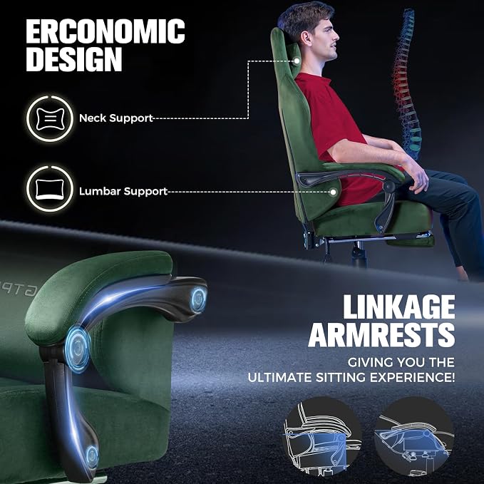 GTPLAYER Big and Tall Gaming Chair 400lbs Heavy Duty Office Chair with Foot Rest, High Back Pocket Spring Ergonomic Computer Chair for Adults, Wide Comfy Seated Cushion with Linkage Armrests, Green