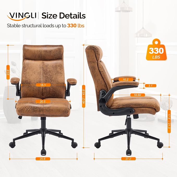 VINGLI Microfiber Brown Rolling Ergonomic Office Desk Chair with Padded Flip-up Arms, 360°Swivel High Back Executive Computer Chair with Wheels for Game，Home Small Space, Study Room, Reading Room