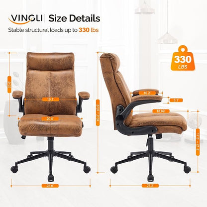 VINGLI Microfiber Brown Rolling Ergonomic Office Desk Chair with Padded Flip-up Arms, 360°Swivel High Back Executive Computer Chair with Wheels for Game，Home Small Space, Study Room, Reading Room