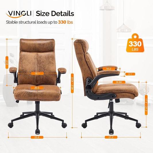VINGLI Microfiber Brown Rolling Ergonomic Office Desk Chair with Padded Flip-up Arms, 360°Swivel High Back Executive Computer Chair with Wheels for Game，Home Small Space, Study Room, Reading Room