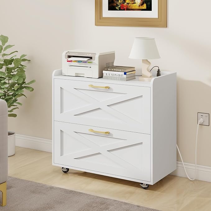 Halitaa Lateral File Cabinet 2 Drawers Mobile File Cabinet with Charging Station for Letter/Legal/A4 Size Hanging Files, Large Wood File Storage Cabinets Printer Stand for Home Office, Simple White