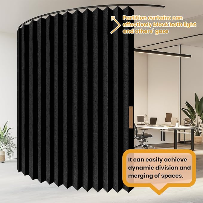 JILRON Accordion-Style Room Divider with Ceiling Track - Foldable Partition Curtain, Easy Installation(Black 180" W x 84" L-Pack of 1)