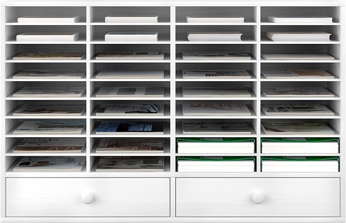 TQAVI Wood Classroom Mailbox 36 Compartments with 2 Drawer, Large Paper Organizer with Adjustable Shelves to Sorting Literature Bill, A4 Size File Organizer for Office School Home, White