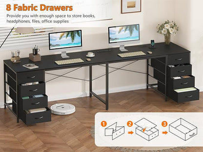 YOMILUVE 95'' Two Person Desk with 8 Drawers, Long Office Desk with Charging Station, 2 Person Desks Double Desk Writing Study Table for Home Office, Black