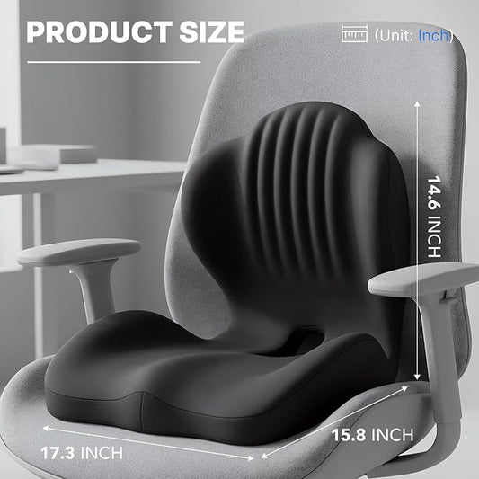 Ergonomic Seat Cushion, Office Chair Seat Cushions with L-Shaped Design, Memory Foam Orthopedic Cushion with Coccyx Hollow, Lumbar Support & Tailbone Pain Relief for Car, Truck, Gaming Chair (Black)