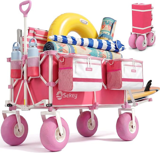 Sekey Heavy Duty Beach Wagon with 9" Big Sand-Proof Wheels, 300L Oversized Foldable Beach Cart with Cooler| Adjustable Handle & Balloon Tires for Sand, Camping,Vacation