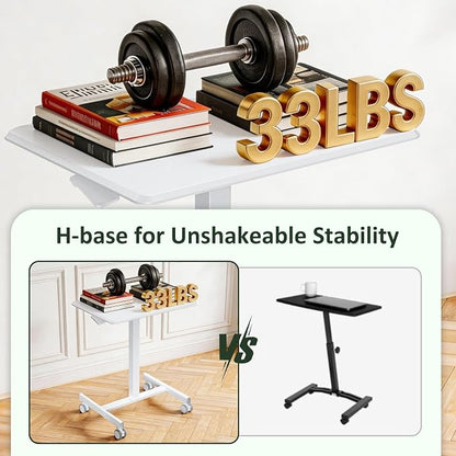 Mobile Standing Desk Adjustable Height, Rolling Sit-Stand Laptop Desk with Lockable Casters, Portable Compact Computer Table for Home Office Dorm, White