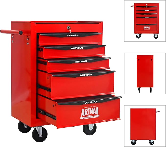 RYH 5 Drawers Rolling Tool Chest - Heavy Duty Mobile Tool Cart with Locking Wheels & Ball Bearing Drawers, ﻿30.5" H x 20.9" W x 13" D Garage Tool Storage Cabinet (Red, 5 Drawers)