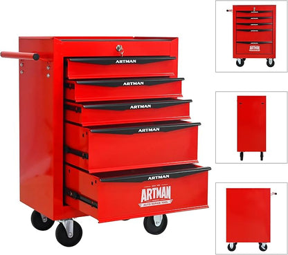 RYH 5 Drawers Rolling Tool Chest - Heavy Duty Mobile Tool Cart with Locking Wheels & Ball Bearing Drawers, ﻿30.5" H x 20.9" W x 13" D Garage Tool Storage Cabinet (Red, 5 Drawers)
