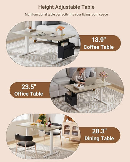 Coffee Table, Height Adjustable Electric Coffee Table with Storage Bag Lift Tabletop Dining Table Office Table with Lockable Wheels for Living Room (Grey Oak Look, 48 x 24 Inches)