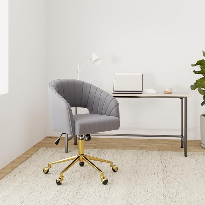 Home Office Chair Swivel Velvet Desk Chair Accent Armchair Upholstered Modern Tufted Chairs with Gold Base for Girls Women Ergonomic Study Seat Computer Task Stools for Living Room(Light Gray)