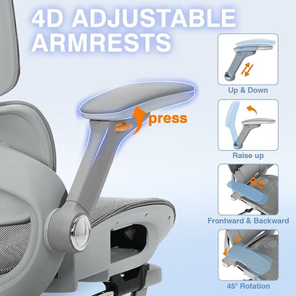 Ergonomic Mesh Office Chair with Footrest, High Back Desk Chair with 4D Armrests, 3-Zone Dynamic Lumbar Support, Ergonomic Office Chair with Wheels (Silver Gray)