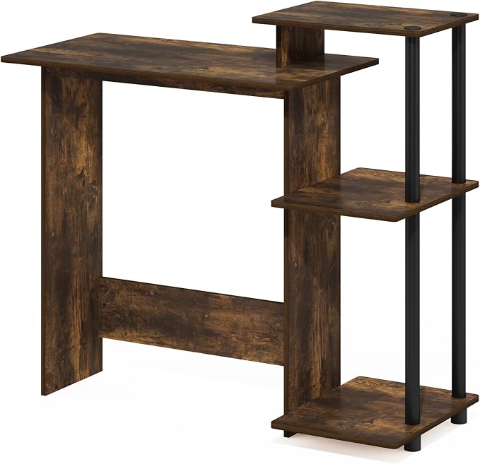 Furinno Efficient 29-Inch Rustic Brown Computer Desk with Side Shelves, Gaming Desk with 3 Open Shelves, Home Office Desk, for Home Office, Study Room, Dorm, Bedroom, Amber Oak