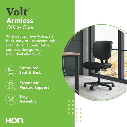 HON Volt Ergonomic Office Chair with Bonded Leather Seat and Back, Armless Desk and Computer Chair with Adjustable Center‑Tilt Recline and Wheels for Home Office or Workstation, Black