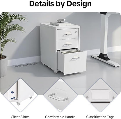 3-Drawer Vertical File Cabinet, 11*16*18.3in Rolling File Cabinet, Mobile Organizer Storage Cabinet with Lock, Office Filing Storage Cabinet Under Desk fits A4 Size, for Home Office (White)