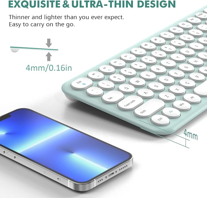 Wireless Keyboard and Mouse Combo,XTREMTEC 2.4GHz Quiet Slim Cute Round Keycap Compact Size Green Kawaii Cordless Retro Keyboard and Mouse Set Home Office Accessories for Mac/Windows(Macaron Green A)