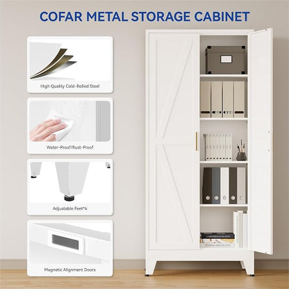 COFaR Metal Pantry Cabinet with Doors, Farmhouse 71'' Tall Storage Cabinet with 4 Adjustable Shelves, Kitchen Pantry Cabinet for Dinning Room, Laundry, Bathroom, Garage, White 5-Tier