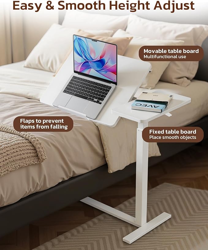 Simple Deluxe Overbed Bedside Table with Hidden Casters, Height Adjustable Desk with Tilting Top, Mobile Rolling Laptop Desk, Standing Rolling Desk Hospital Home Use, White