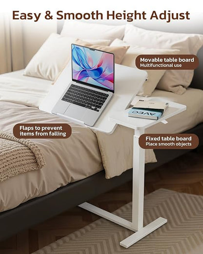 Simple Deluxe Overbed Bedside Table with Hidden Casters, Height Adjustable Desk with Tilting Top, Mobile Rolling Laptop Desk, Standing Rolling Desk Hospital Home Use, White