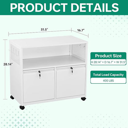Letaya Mobile 2 Drawer File Cabinet with Lock, Metal Lateral Printer Stand Filing Storage Cabinets with Shelves for Home Office-A4/F4/Letter (White)