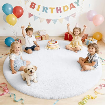 OLANLY White Round Rugs for Bedroom - Machine Washable, 6 ft Circle Area Rugs for Living Room, Soft and Fluffy Shaggy Carpet for Teen Girls and Boys, Nursery Rooms, Dorms, Home Decor Aesthetic