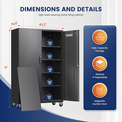 Yizosh Metal Garage Storage Cabinet with Locking Doors and Adjustable Shelves,- 71" Rolling Steel Tool Cabinet for Home Office,Garage,Warehouse