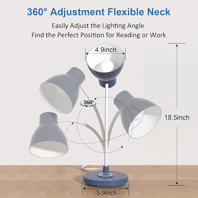 Desk Lamp for Home Office - LED Desk Lamp with Wireless Charger, 3 Color Modes Dimmable Eye-Caring Study Reading Desk Light, Small Flexible Arm Table Lamp for College Dorm Room, Navy Blue