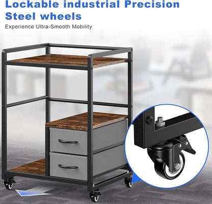 22" x 18.5" Large Printer Stand with Wheels, Mobile Rolling Printer Table Cart for Home Office, Rustic Brown Storage Organizer for Scanner, Fax, CPU, Shredder