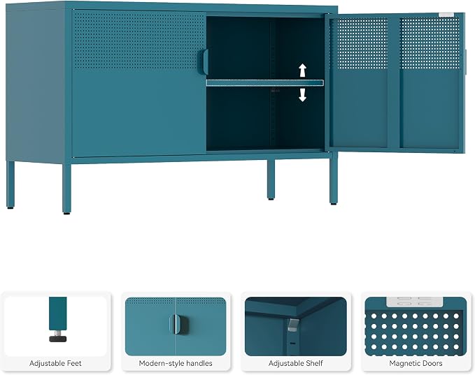 Metal Storage Cabinet,2 Door TV Stand, Metal Mesh Accent Cabinet,Magnetic Door Closure,Low Storage Cabinets with Doors and Shelves