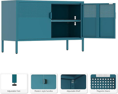 Metal Storage Cabinet,2 Door TV Stand, Metal Mesh Accent Cabinet,Magnetic Door Closure,Low Storage Cabinets with Doors and Shelves