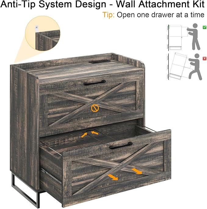 Halitaa File Cabinet 2 Drawers Lateral File Cabinet with Charging Station for Letter/Legal/A4 Size Hanging Files, Large Wood File Storage Cabinets Printer Stand for Home Office, Dark Rustic Oak