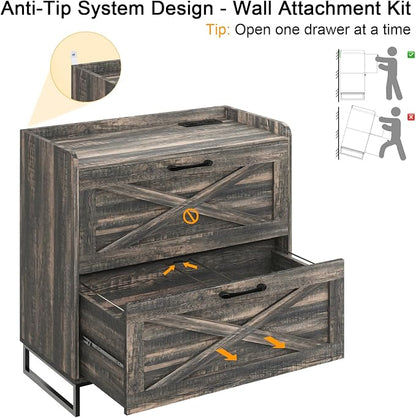 Halitaa File Cabinet 2 Drawers Lateral File Cabinet with Charging Station for Letter/Legal/A4 Size Hanging Files, Large Wood File Storage Cabinets Printer Stand for Home Office, Dark Rustic Oak