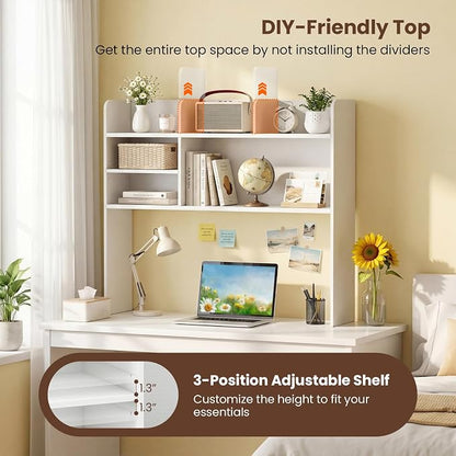LDAILY 3-Tier Desktop Bookshelf, Wooden Desk Hutch for Computer Monitor Up to 32 Inch, Desk Organizer Shelf with Adjustable Shelf & 6 Storage Shelves, Desk Display Rack for Home Office Dorm (White)