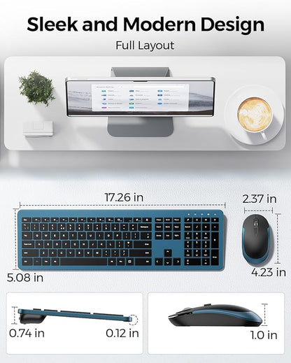 Wireless Keyboard and Mouse Combo - Full Size Slim Thin Wireless Keyboard Mouse with Numeric Keypad 2.4G Stable Connection Adjustable DPI, Black&Blue