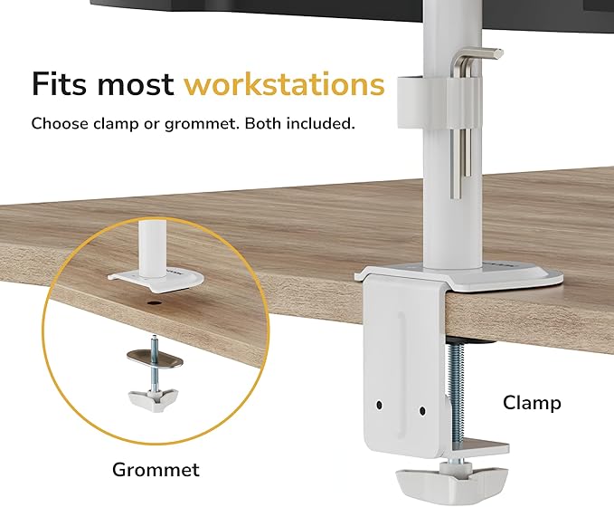 Mount-It Dual Monitor Arm for Desk, Full Motion Steel Mount 17-32 Inch | Holds up to 19.8 lbs per Arm, VESA 75x75 100x100, C-Clamp and Grommet Base, Cable Management, Height Adjustable, White