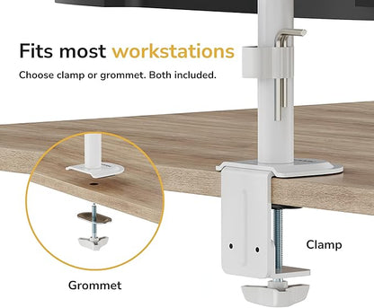 Mount-It Dual Monitor Arm for Desk, Full Motion Steel Mount 17-32 Inch | Holds up to 19.8 lbs per Arm, VESA 75x75 100x100, C-Clamp and Grommet Base, Cable Management, Height Adjustable, White