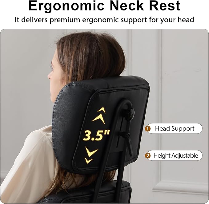 E-Motie Ergonomic Leather Office Chair, Computer Desk Chair, Black | Adjustable Headrest, 360° Swivel & Rolling Wheels, Lumbar Support, Padded Arms, High Back, for Long Hours Sitting