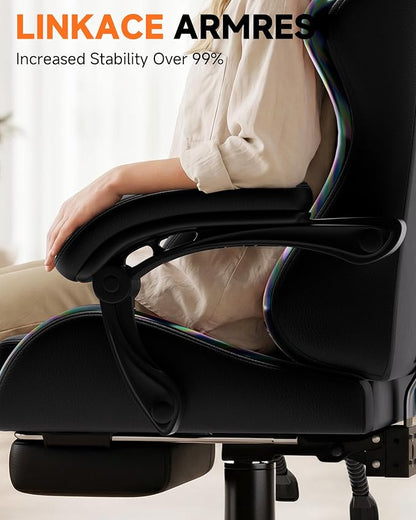 GTPLAYER Gaming Chair with Footrest, Computer Gaming Chair for Adults, Height Adjustable Gamer Chair with 90-155° Recline & Removable Headrest Lumbar Support, 01 Iridescent Black