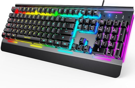 TECKNET Wired Gaming Keyboard, USB Wired Computer Keyboard, 15-Zone RGB Illumination, IP32 Water Resistance, 25 Anti-ghosting Keys, All-Metal Panel (Whisper Quiet Design)
