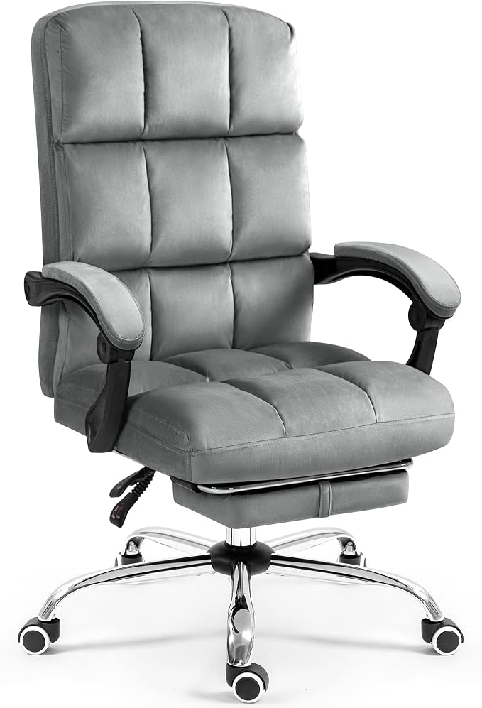 ECOTOUGE Velvet Executive Office Chair with Footrest, Ergonomic Comfy Desk Chair, High Back Computer Chair with Adjustable Tilt Angle, Grey