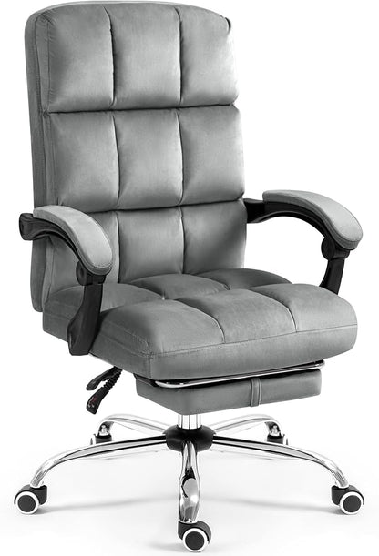 ECOTOUGE Velvet Executive Office Chair with Footrest, Ergonomic Comfy Desk Chair, High Back Computer Chair with Adjustable Tilt Angle, Grey