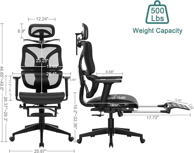 VECELO Swivel Ergonomic High Back Mesh Office Chair with Retractable Footrest, Adjustable Backrest, Tilt Function, 3D Armrests & Headrest, Lumbar Support for Executive/Computer Desk/Task Work, Black