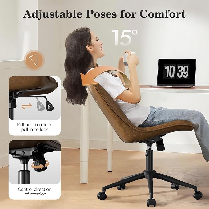 Armless Office Chair, Swivel Rolling Leather Desk Chair, Brown | Waterproof Upholstery, Padded Seat, 15° Relaxing Tilt, 330 LBS Capacity, for Bedroom Vanity and Computer Work