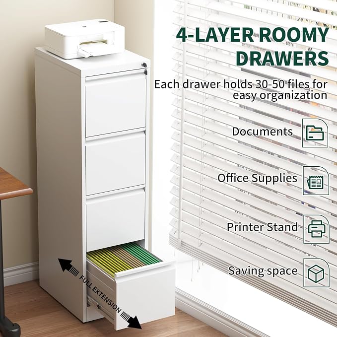 4 Drawer File Cabinet with Lock, Metal Vertical Filing Cabinet, Filing Cabinets for Home Office, Locking File Cabinet Hanging Files for A4/ Legal/Letter, Require Assembly, White